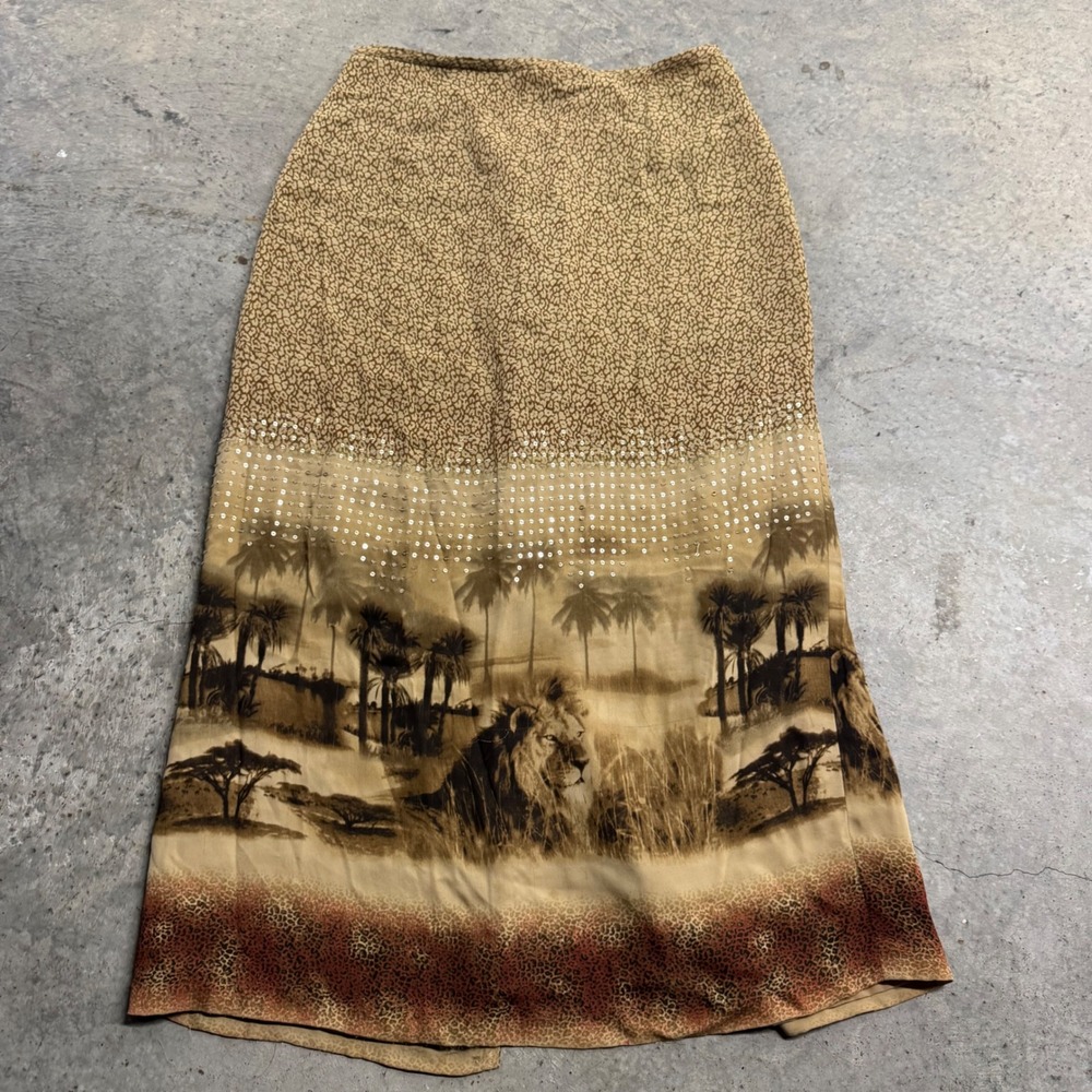 VTG Silk Club Collection Women's Lion Safari Brown Jungle Long Skirt S/14 Y2k